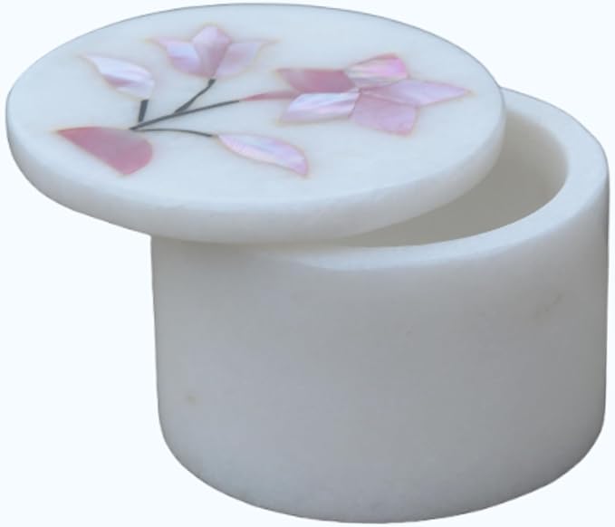 Marble Round Small Jewelry Box 2.5 Inch – Hand Carved Floral Design with Mother of Pearl Inlay – Alabaster Trinket Box, Makeup Organizer & Jewelry Holder – Decorative Gift for Women