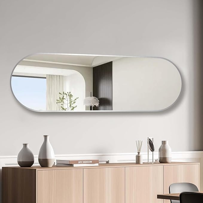 Niccy 65"×22" Oval Full Length Mirrors, Long Wall-Mounted Mirror with Aluminum Frame, Large Body Mirrors for Living Room, Explosion-Proof Hanging Wall Mirror for Bathroom Bedroom Entryway, Silver