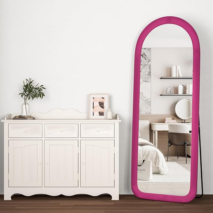 Full Length Mirror 56"x20" Arch Floor Mirror with Stand Arched Full Body Mirror Standing Hanging or Leaning Against Wall for Bedroom Flannel Wrapped Wooden Frame Pink