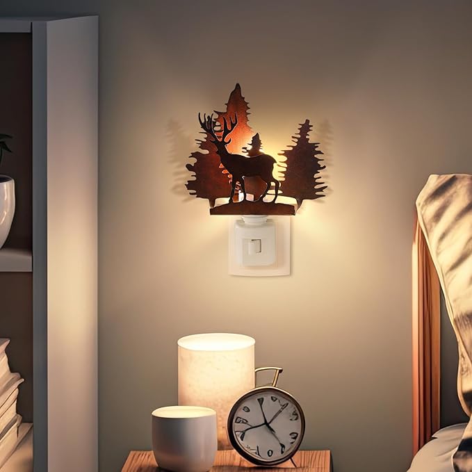 Tuanse Forest Deer Plug in Night Light Farmhouse Metal LED Night Light Decorative Vintage Novelty Lamp Decor for Holiday Bedroom Living Room Bathroom Christmas Gift