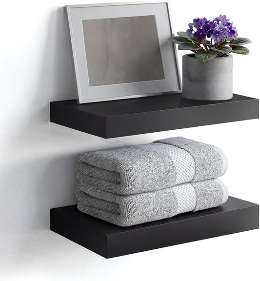 Homeforia Floating Shelf Black 12 inch, High End Solid Real Wood Small 12inch Floating Shelves for Wall Mounted, Black Wooden 12 in Floating Shelves, Heavy Duty Bracket, 12 X 6.5 X 1.75 inch, Set of 4