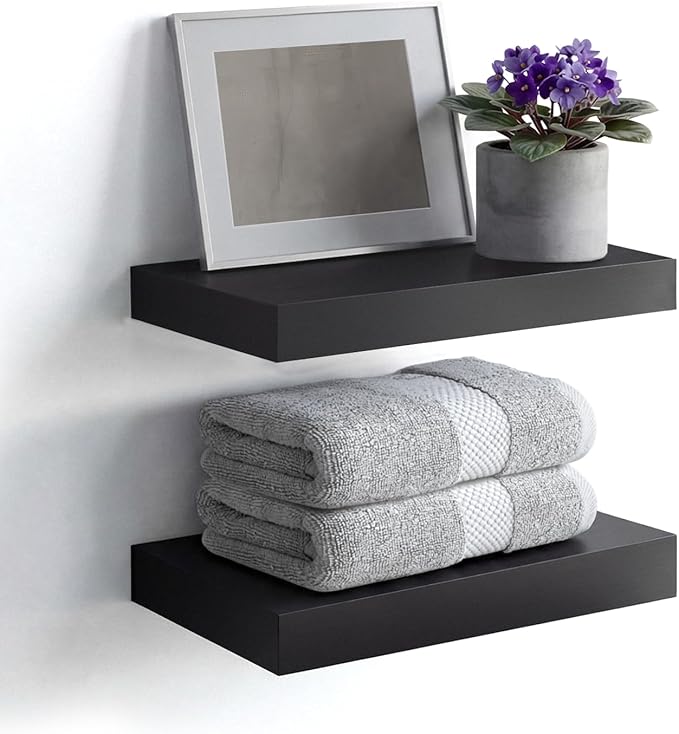 Homeforia Floating Shelf Black 12 inch, High End Solid Real Wood Small 12inch Floating Shelves for Wall Mounted, Black Wooden 12 in Floating Shelves, Heavy Duty Bracket, 12 X 6.5 X 1.75 inch, Set of 3
