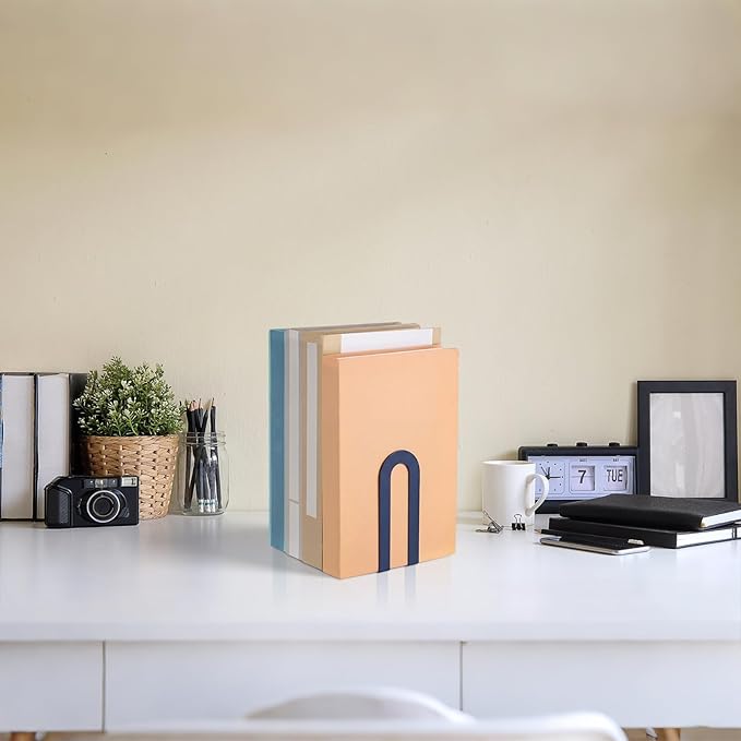Chunful 6 Pcs Modern Metal Book Ends for Shelves Decorative Small Bookends Book Shelf Organizer Minimalist Design Stopper to Hold Books for Home Office (Blue,5.5 * 3.75 * 2.25inch)