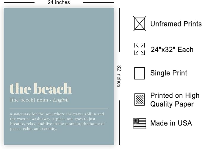 Poster Master Typography Poster - Dictionary Print - Beach Definition, Home of Peace and Calm, Sanctuary, Waves, Soul, Relax - Gift for Family, Friend - Wall Decor for Home, 24x32 Unframed Wall Art