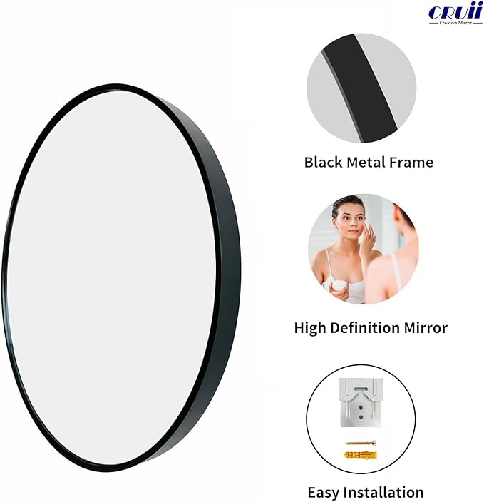 Oruii Round Mirror, Black Round Mirror 24 inch, Circle Wall Mirrors Metal Frame, Circular Mirrors for Wall, Living Room, Bathroom, Vanity, Entryway, Hallway.