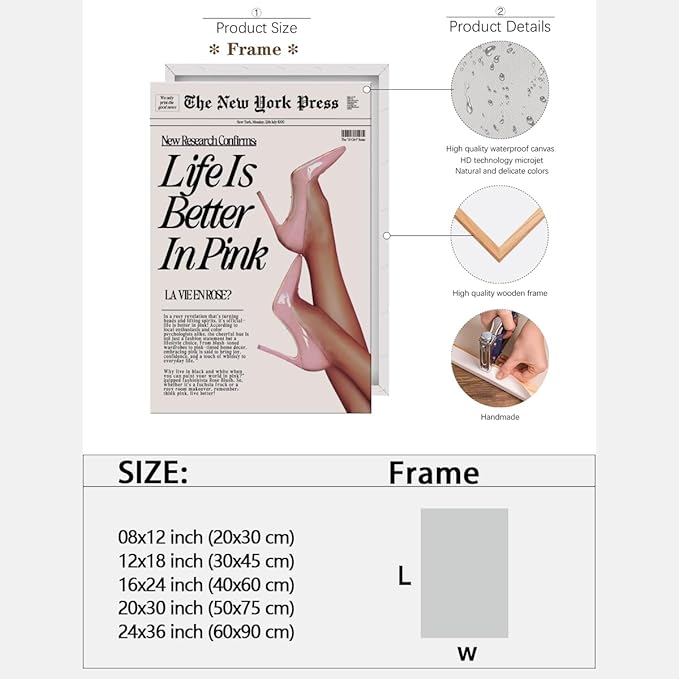Trendy Baby Pink Poster 70s Canvas Prints The New York Press Wall Art Life Is Better in Pink Hot Girl Posters Preppy Aesthetic Decor Bedroom for Cool Girly Room Home Dorm 24x36inch Framed
