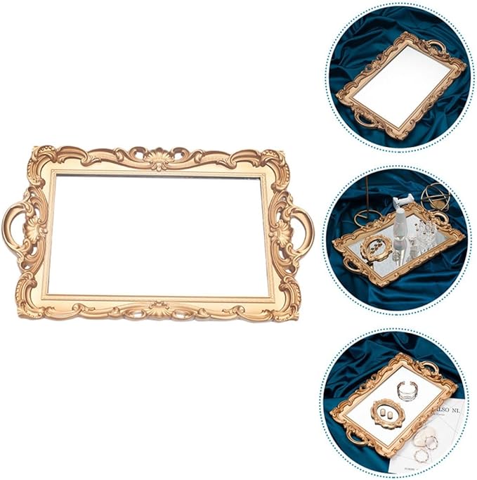 European Mirror Plate Cosmetic Storage Tray Golden Rectangular Retro Mirror Makeup Organizer Perfume Display Tray for Home Décor and Photography Props