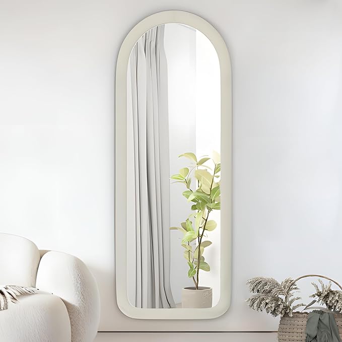 Full Length Mirror 56"x20" Arch Floor Mirror with Stand Arched Full Body Mirror Standing Hanging or Leaning Against Wall for Bedroom Flannel Wrapped Wooden Frame White