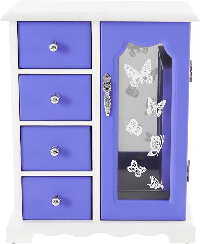 Wood Jewelry Organizer with 4 Drawers, Jewelry Organizer Box with Mirror Makeup and Organizer Women Ring Storage Box with 360° Rotatable Hook for Women