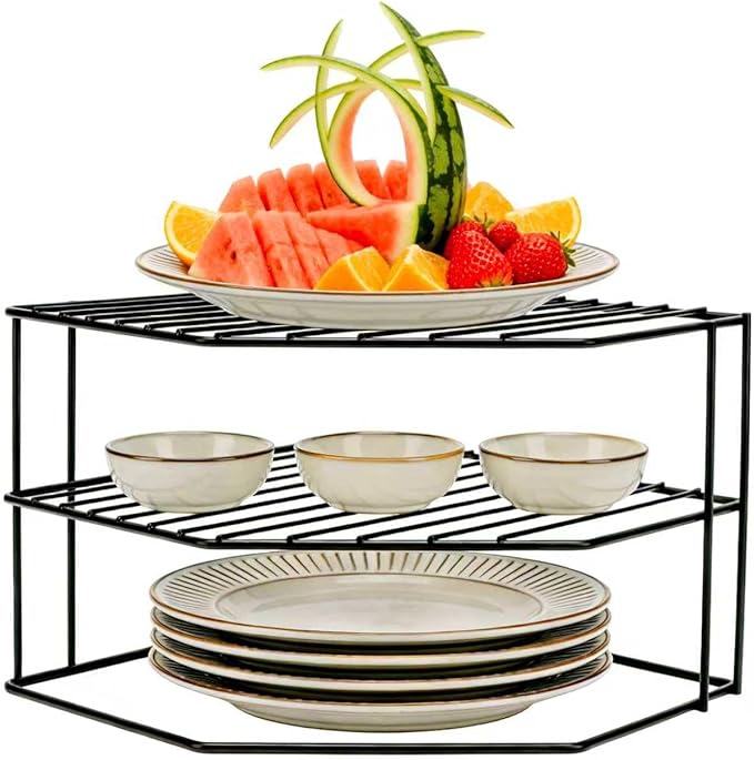 3-Tier Kitchen Corner Shelf Rack – 10x10x7 Inch Metal Wire Counter & Cabinet Organizer, Pantry Kitchen Counter Storage Shelf and Organizer for Plates, Cups, Dishes (Black)