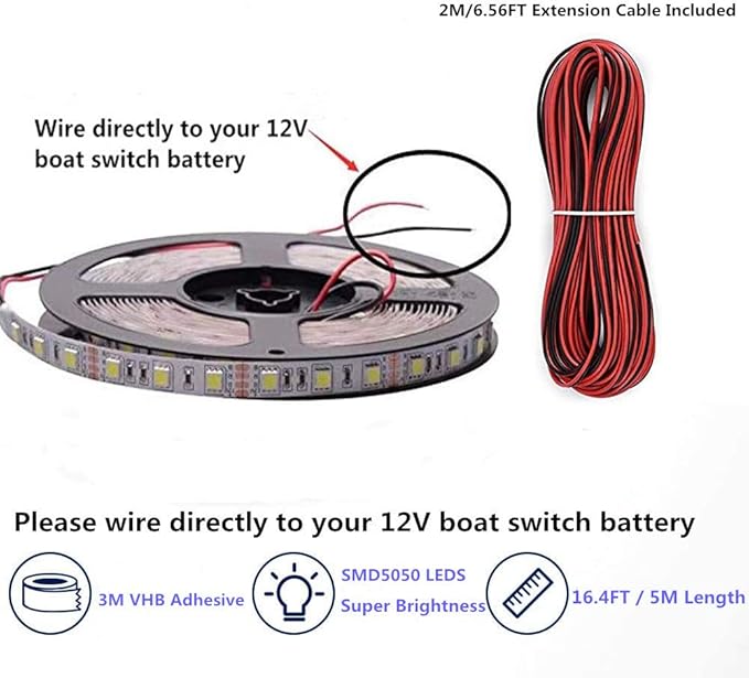 Pontoon LED Strip Lights, 12V 5M/16.4FT Waterproof Marine LED Light Boat Interior Lights, Boat Deck Light for Night Fishing, Ideal for Pontoon and Fishing Boat, Extension Cable Included (White)