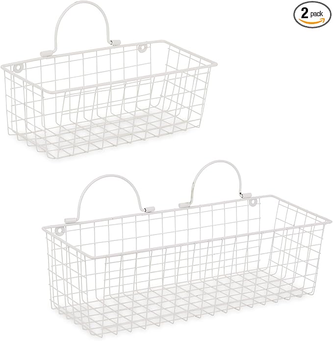 DII Farmhouse Vintage Decor, Wire Wall Basket, Assorted, Antique White, 2 Piece