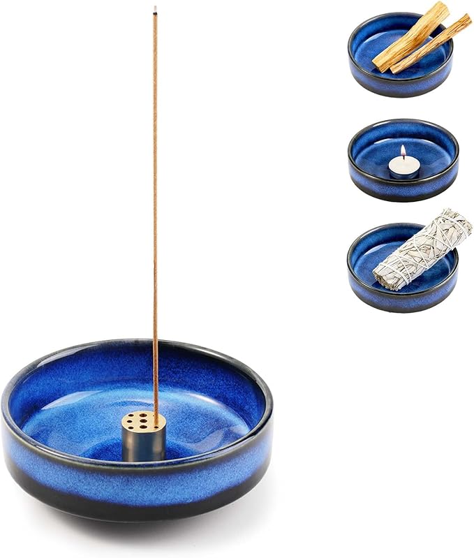 Blue Ceramic Incense Holder 4.5", 9-Hole Brass Base Multi-Functional Incense Burner & Tray, Fits Sticks/Sage/Palo Santo/Candles/Cones,for Meditation/Yoga/Energy Cleansing
