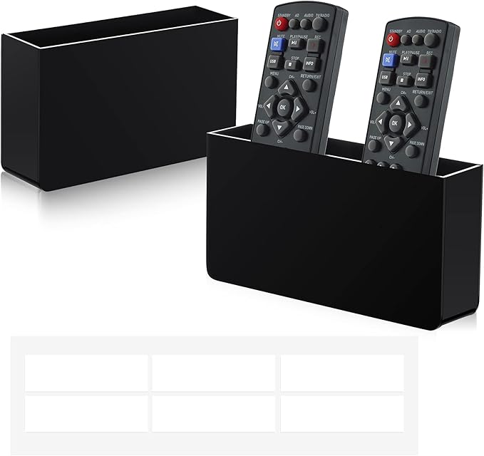 Jetec 2 Pieces Wall Mount Remote Control Holder Acrylic Placed Flat Media Organizer Storage Box with Acrylic Transparent Glue, No Need to Drill Holes (7.5 x 4 x 1.8 Inch, 7.9 x 4 x 2.2 Inch, Black)