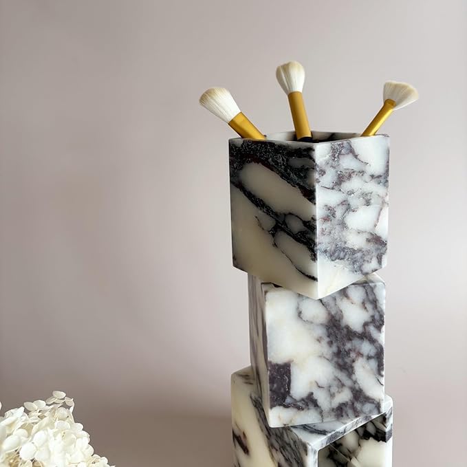 Natural Marble Stone Square Storage Container Empty Vessel Holder Cup for Candle/Pens/Sundries items (Calacatta Purple)