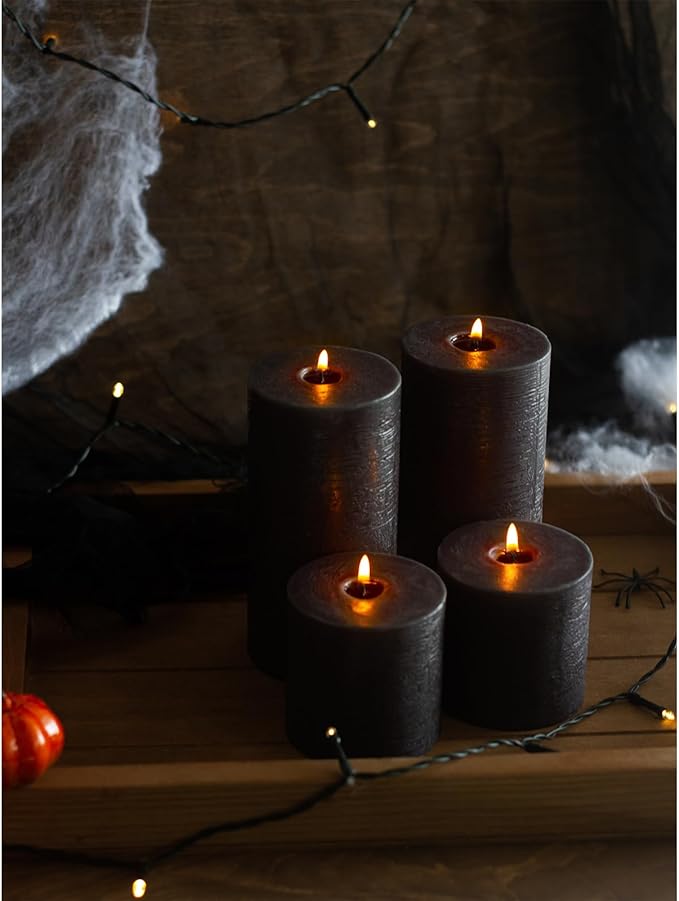 CANDWAX 3x4 inch Pillar Candles Set of 3 – Unscented Dripless Rustic Black Candles for Halloween Decor, Parties, Indoor Styling