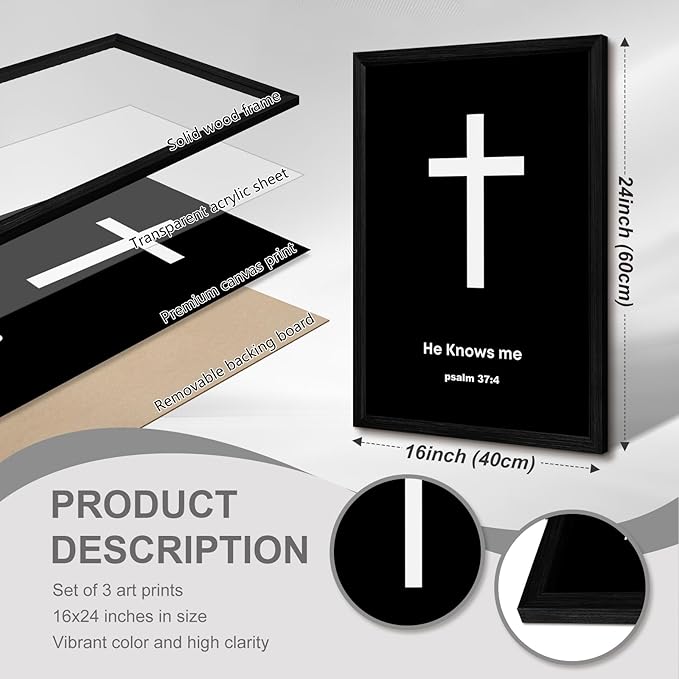 Christian Jesus Wall Art Black White God Canvas Wall Decor Religious Bible Verse Poster Modern Christian Cross Painting Artwork Christ Scripture Prints Picture for Bedroom 16x24 Inch Framed Set of 3