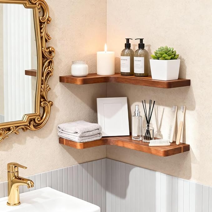 Floating Corner Shelves, Wall Shelf Set of 2, Shelves for Wall Storage, Solid Wood Shelves for Storage, Wall Mount Wooden Display Shelf for Bathroom Bedroom Kitchen Garage (Acacia 2pcs)