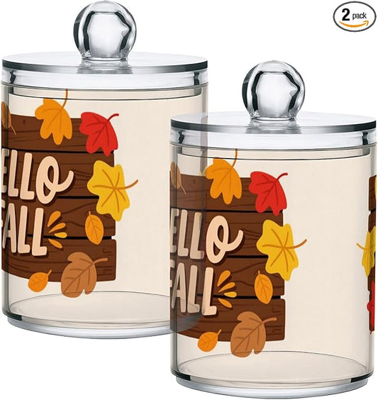 2 Pack Apothecary Jars Dark Brown Hello Fall Bathroom Vanity Storage Organizer Set,Small Clear Plastic Storage Jars Bathroom Canister for Cotton Swabs, Rounds, Balls, Qtips,Makeup Sponges, Flos