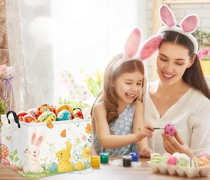 HIYAGON Rectangular Easter Gift Basket Kids Storage Basket for Boys Bunny Room Decor Cute Toy Storage Organizer Bins Bedroom(Colorful Easter Bunny)
