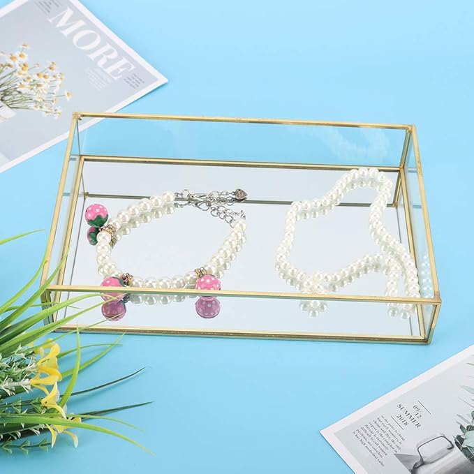 Gold Perfume Tray, Rectangle Decorative Glass Mirror Vanity Tray Jewelry Photo Display Organizer for Trinket Cosmetics Makeup Bathroom Bedroom Home Table Decorative (L)