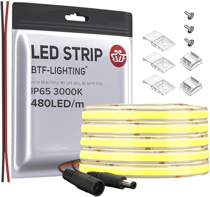 BTF-LIGHTING FCOB COB LED Strip IP65 480LED/m Flexible High Density Uniform Light 9W/m 16.4FT DC24V Warm White 3000K CRI 90+ 8mm Width for Home Indoor Decor(No Adapter or Controller)