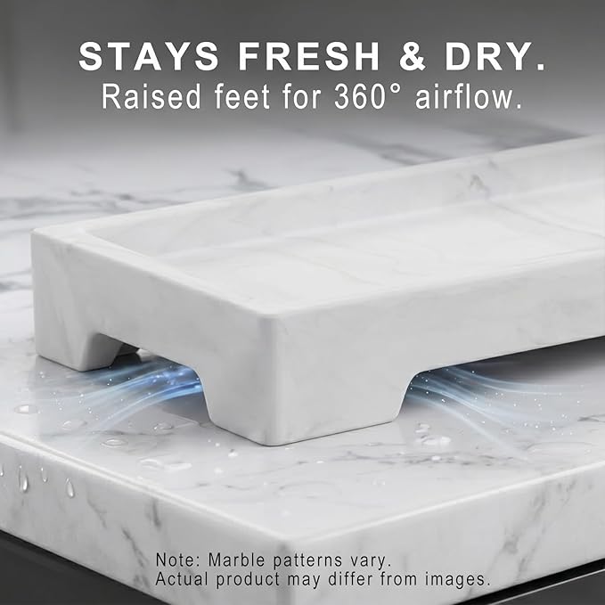 Countertop Vanity Tray - Silicone Bathroom Sink Organizer & Kitchen Soap Tray, Footed Anti-Slip Design, Waterproof Caddy for Perfume, Jewelry, Makeup, Bottle, Oil, Sponge Holder, White Marble 10"x4.2"