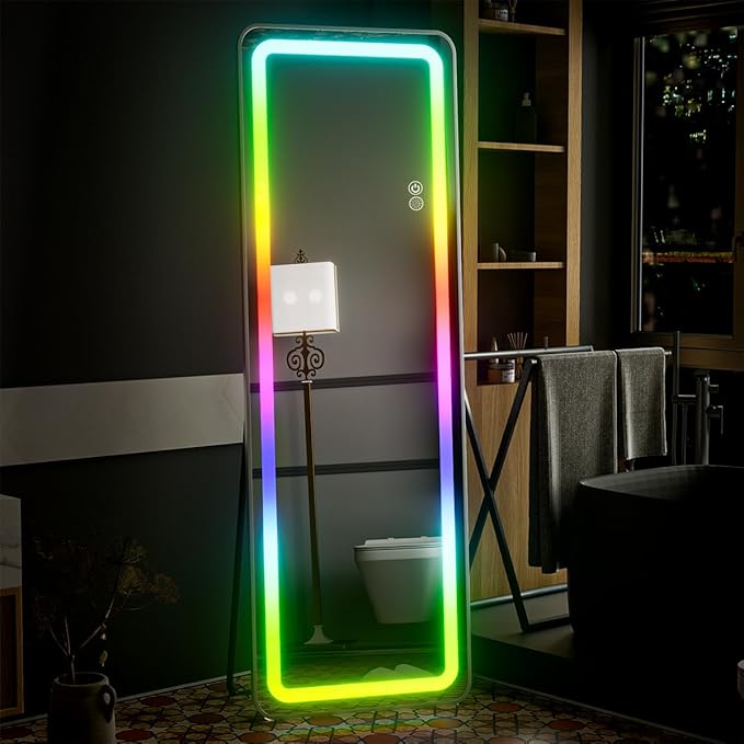 Koonmi LED Full Length Mirror, 63"x20" Full Length Lighted Mirror with Remote Control, RGB Color Changing Lights, 7 Dynamic Modes, Dimmable Brightness