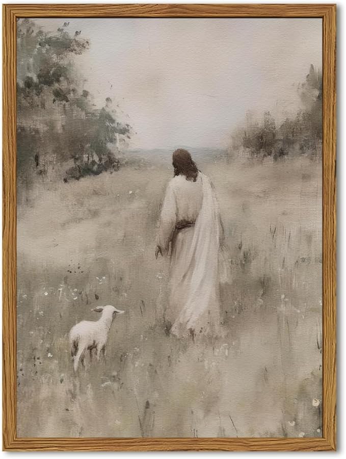 Jesus Leaves The 99 Sheep Wall Art Painting, Vintage Shepherd Christian Wall Decor Lost Lamb Religion Artwork 3D Textured Hand Drawn Sandstone for Living Prayer Room Bedroom 24x36 inch Wood Framed