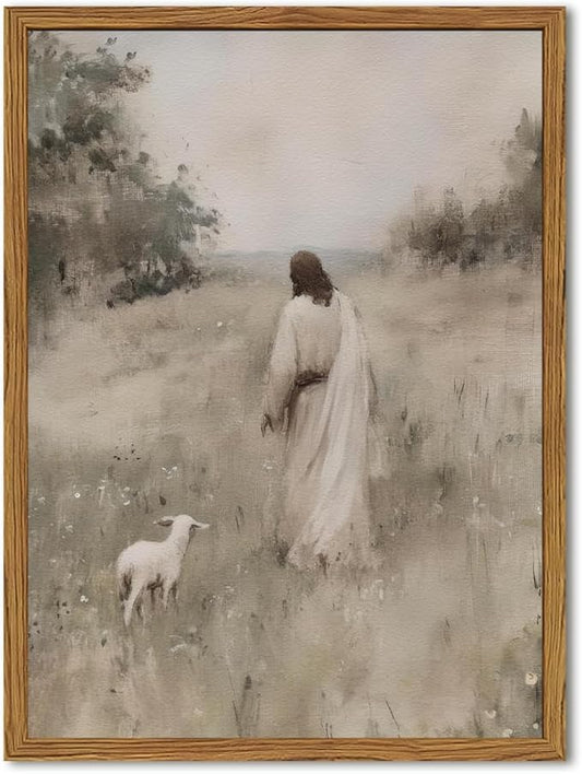Jesus Leaves The 99 Sheep Wall Art Painting, Vintage Shepherd Christian Wall Decor Lost Lamb Religion Artwork 3D Textured Hand Drawn Sandstone for Living Prayer Room Bedroom 12x16 inch Wood Framed