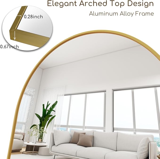 Dewfig Arched Full Length Mirror,64"x21" Gold Mirror with Stand, Full Body Mirrors for Leaning Against or Wall Mounted, Large Floor Mirrors for Bedroom, Living Room, Gold