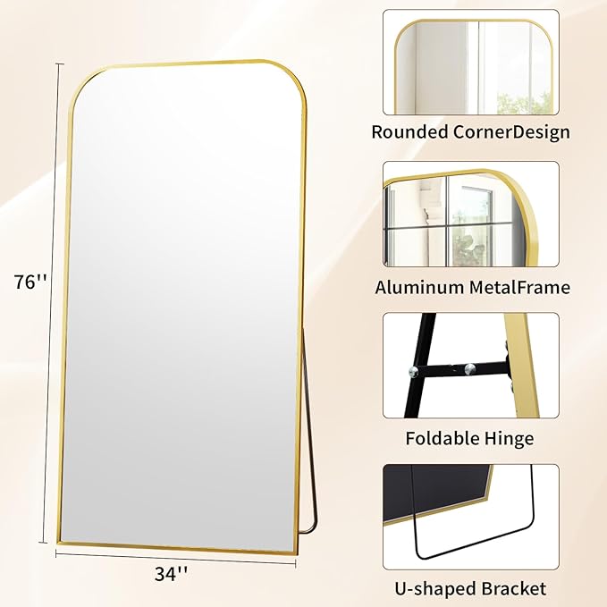 Full Length Mirror 76"x34" Arched Floor Standing Large Mirrors Full Body Mirror with Stand - with Aluminum Frame for Bedroom Living Room, Gold