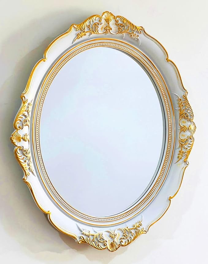 Vintage Carved Decorative Wall Mirror, Hanging Mirror for Dresser Decor Bedroom Living-Room, Cosmetics Jewelry Dresser Organizer Tray (15”x 13.4”) (White-Oval)