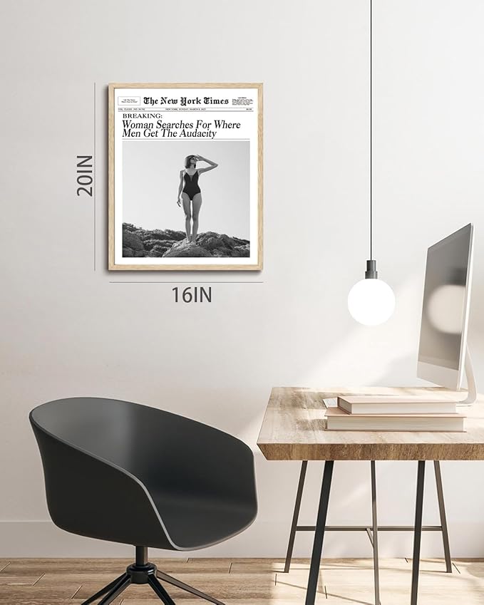 Bwodke OAK Wood Framed Wall Art Woman Searches For Where Men Get The Audacity Canvas Art Vintage Newspaper Pictures Wall Decor Trendy Retro Magazine Prints for Girly Dorm Bedroom 16"x20"