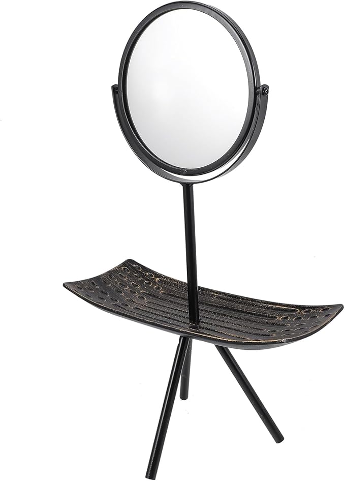 Vanity Desk Makeup Mirror with Jewelry Tray, Rotating Tabletop Mirror for Bedroom, European Style Black Rectangular Cosmetic Organizer for Women