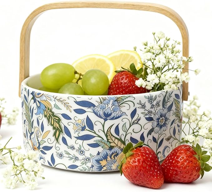 Ceramic Candy Bowl with Wood Handle Candy Dish Wedding Decorative Serving Bowl,Easter Basket,Kitchen Dining Table Office Decor(White)