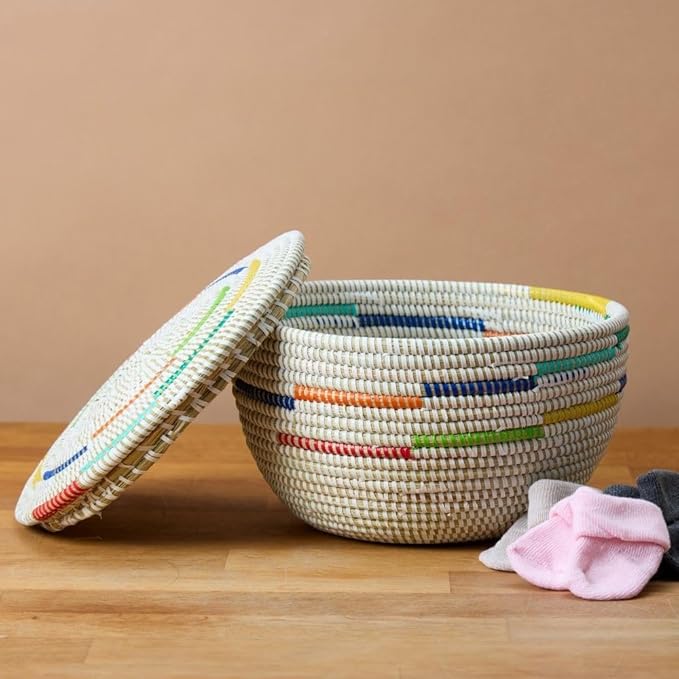 Small Decorative Basket, Colorful Pattern on White, Flat Lid, 10 Inch Wide