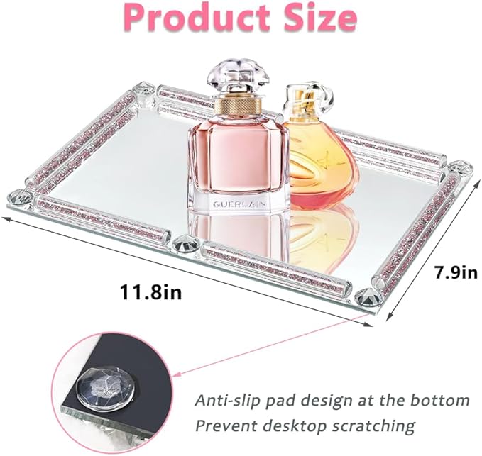 Crystal Perfume Tray,Crushed Diamond Filled Crystal Glass Tray,11.8" x 7.9" Rectangular Cosmetic Makeup Vanity Trays,Mirror Jewelry Trinket Tray,Serving Tray for Home Decor,Party,Hotel Banquet (Rose)