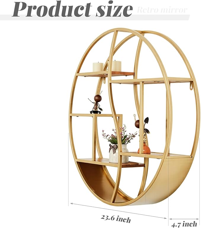 Round Wall Shelf,24 inch Metal Circle Shelf Wood Floating Shelves,Rustic Gold Wall Mounted Display Organizer Shelf for Fireplace,Living Room,Bathroom