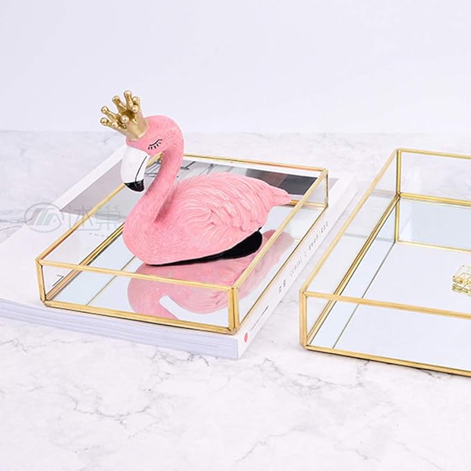 Gold Perfume Tray, Rectangle Decorative Glass Mirror Vanity Tray Jewelry Photo Display Organizer for Trinket Cosmetics Makeup Bathroom Bedroom Home Table Decorative (S)