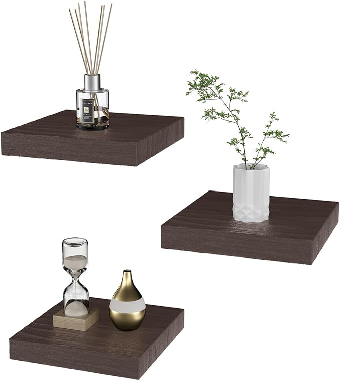 PopiShelves Small Floating Shelves for Wall - 6 Inch Mini Square Rustic Brown Shelves for Bedroom, Living Room, Bathroom, Kitchen, Office Decor Set of 3