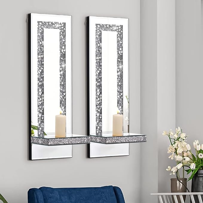 Aeveco Crystal Crush Diamond Mirrored Candle Sconces, Silver Wall Candle holder set of 2, Wall decorations for Living Room，Dining Room (Rectangle Stripe (style 4))
