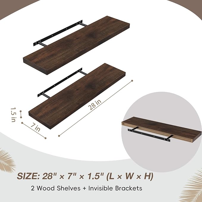 Lufia Floating Wall Shelves, Set of 2, MDF with Invisible Brackets, Modern Storage for Bedroom, Bathroom, Living Room, Kitchen (Rustic Brown, 28" W x 7" D x 1.5" H)