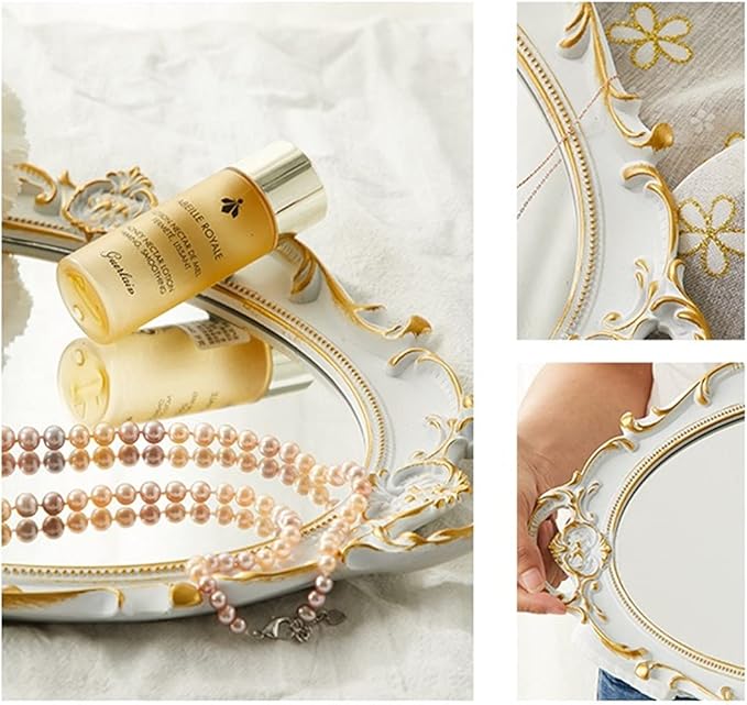 Schones Geschaft Decorative Mirror Tray, Makeup Jewelry Perfume Organizer, Vintage Oval Display and Serving Tray for Bedroom Living-Room Dresser Decor (14.6”x 9.8”) (White - Oval)