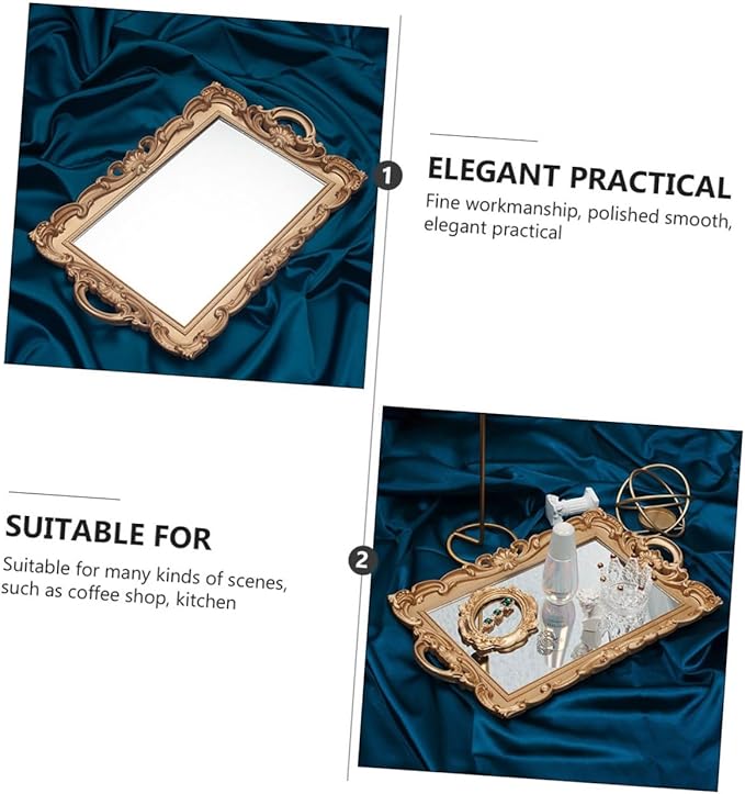 Golden Rectangular Retro Mirror Tray Cosmetic Storage Plate Perfume Organizer Decorative Makeup Vanity Display Tray for Home Décor and Photo Props