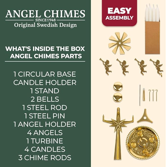Original Swedish Angel Chimes, Carousel and 4 Candles – Scandinavian Spinning Festive Chimes for Christmas, Best Memorial Gift Since 1948, Home Decorations - Gold Brass