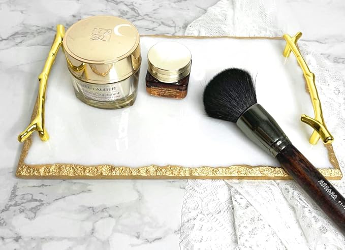 White and Gold Marble Tray (11.7X7.8X1.5 Inch, 4lbs) Luxury Display in Home and Kitchen for Table Handmade, Luxury Tray (White, Gold)