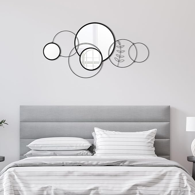 Hicarer Wall Mirror Decorative 41.34'' x 17.72'' Round Modern Metal Wall Mirrors Set for Living Room Circle Plates Overlapping Decorations for Hallway Entryway(Black)