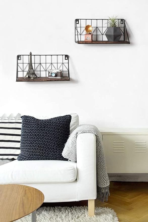 Mkono Floating Shelves Wall Mounted Set of 2 Rustic Wood Storage Display Shelf with Metal Wire Basket 11.5 Inches, Hanging Shelf for Bedroom Bathroom Living Room Kitchen Office, Brown,Small