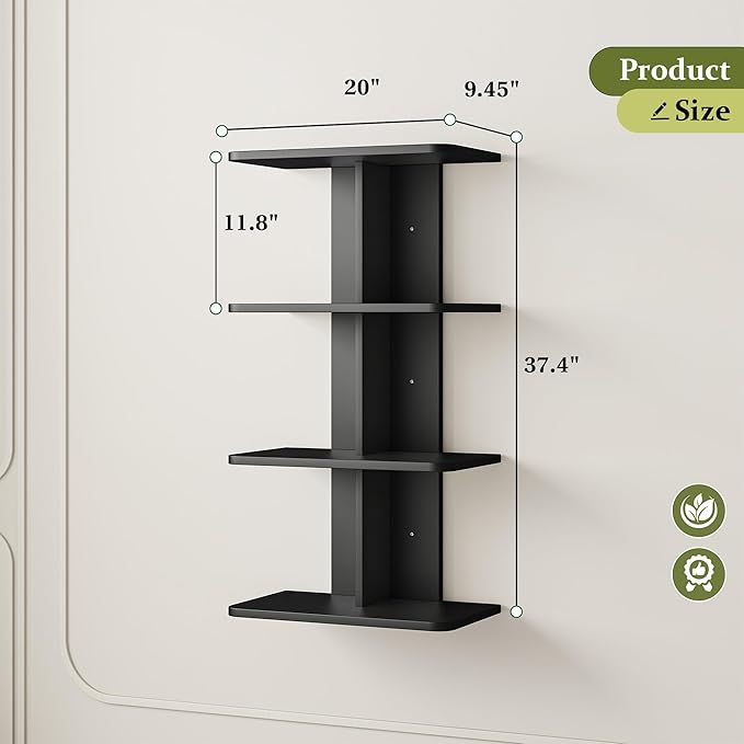 REIBII 4 Tier Wall Shelves, Vertical Column Black Floating Shelves for Wall Decor, Floating Shelf for Vanity, Bedroom, Living Room, Office